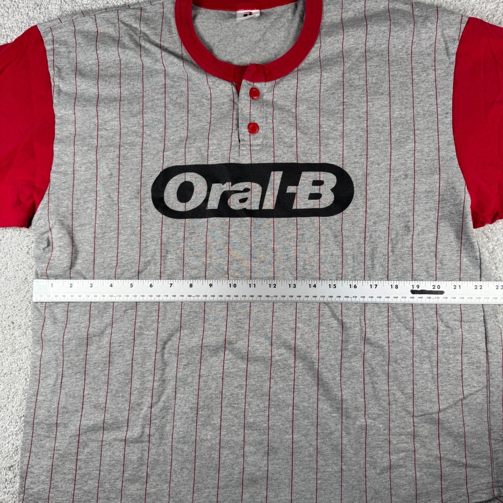 Vtg Oral-B Company Softball Jersey Henley Shirt Mens XL Gray Red Pinstripe Stain - Picture 5 of 16